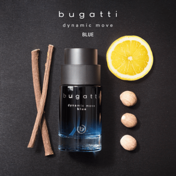 Bugatti Dynamic Move Blue, męska woda toaletowa, butelka, cytryna, cynamon i gałka muszkatołowa, widok z góry.