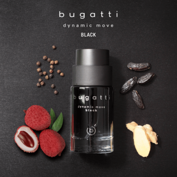 Perfumy Bugatti Dynamic Move Black w czarnej butelce, otoczone liczi, czarnym pieprzem, imbirem i fasolą tonka.