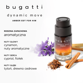 Męska woda toaletowa Bugatti Dynamic Move Amber EDT. Butelka z ciemnym gradientem, cynamonem, fiołkami i tytoniem.