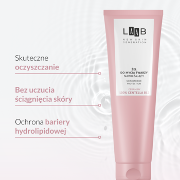 Różowa tubka nawilżającego żelu AA LAAB Centella B12, widok z przodu. Obok wypisane główne korzyści produktu.