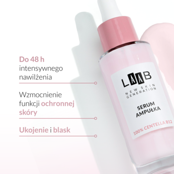 Serum-ampułka AA Laab Centella B12 w różowej butelce z pipetą, widok pod kątem. Intensywne nawilżenie do 48h.