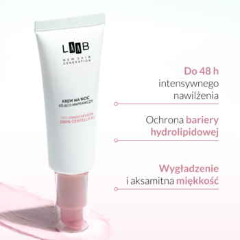 AA LAAB Multiaktywny krem na noc Centella B12, biała tubka z różową pompką, widok z przodu.