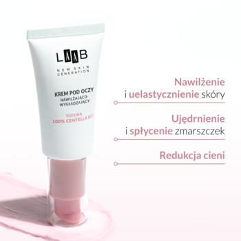 Biały krem pod oczy AA LAAB Centella B12 w tubce z różową pompką, widok z przodu na różowym tle.