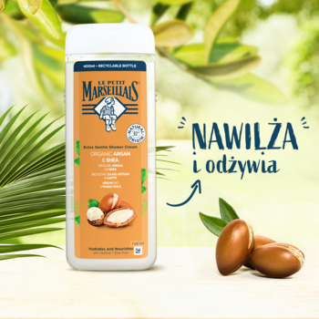 Le Petit Marseillais kremowy żel pod prysznic z organicznym arganem i masłem shea, pomarańczowo-biała butelka, widok z przodu.