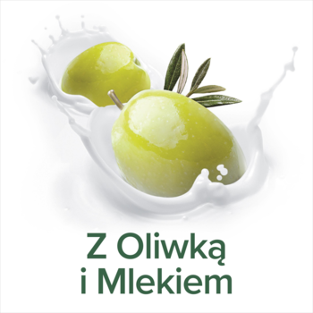 Palmolive Naturals Milk & Olive, zbliżenie na dwie zielone oliwki z liśćmi, otoczone białym mlekiem, na białym tle.