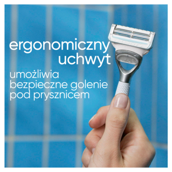 Dłoń trzyma maszynkę Venus do intymnego golenia z ergonomicznym uchwytem, do bezpiecznej pielęgnacji pod prysznicem.