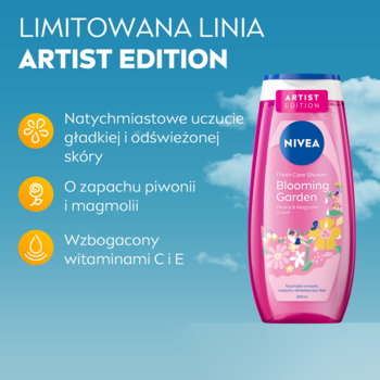 Żel pod prysznic NIVEA Blooming Garden Artist Edition, różowy, z kwiatowym wzorem, piwonia, magnolia, wit. C i E.