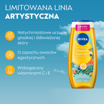 NIVEA Tropical Sunrise żel pod prysznic, żółta butelka z tropikalnymi owocami, widok z przodu. Zawiera witaminy C i E.