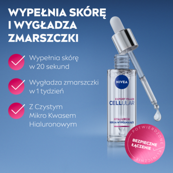 NIVEA Cellular Expert Filler serum z kwasem hialuronowym w szklanej butelce z pipetą, na niebieskim tle. Widoczne hasła o wygładzaniu zmarszczek.