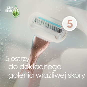 Maszynka Venus Deluxe Smooth Sensitive 5 ostrzy do wrażliwej skóry, z paskiem SkinElixir, w mokrym zlewie.