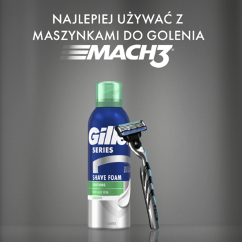 Pianka Gillette Series do golenia dla wrażliwej skóry z maszynką Mach3, ujęcie pod kątem na tle gradientu.