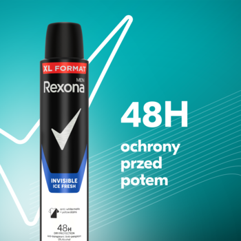 Czarny antyperspirant Rexona Men Invisible Ice Fresh XL, aerozol, 48H ochrony przed potem, widok z przodu.