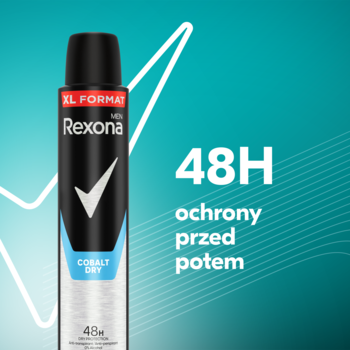 Rexona Men Cobalt Dry antyperspirant w czarnej puszce, XL FORMAT, 48H ochrony, na dynamicznym turkusowym tle.