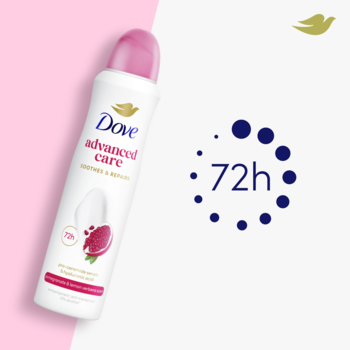 Biały antyperspirant Dove Advanced Care Pomegranate & Lemon Verbena, różowe wieczko, ikona 72h, pod kątem.