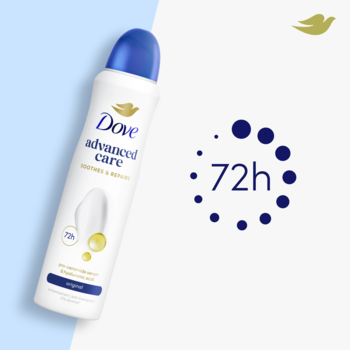 Biały antyperspirant Dove Advanced Care Original w sprayu z niebieską nakrętką, symbol 72h obok, lekko pod kątem.