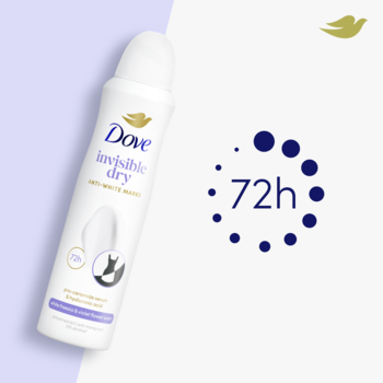 Antyperspirant Dove Invisible Dry spray w białej butelce z symbolem niewidoczności na ubraniach i 72h ochrony.