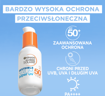 Garnier Ambre Solaire Invisible Serum Super UV SPF 50+ w białej butelce z pompką, widok z przodu.