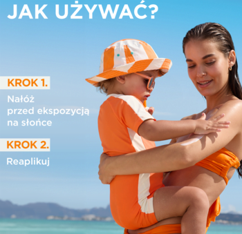 Jak używać Garnier Ambre Solaire SPF 50+. Kobieta nakłada produkt na ramię, trzymając dziecko na plaży.