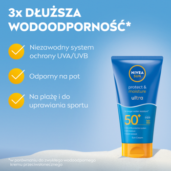 NIVEA SUN Protect&Moisture Ultra SPF 50 balsam, niebieska tubka, 3x dłuższa wodoodporność, UVA/UVB, odporny na pot.