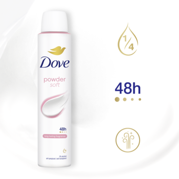 Biała puszka antyperspirantu Dove Powder Soft 48h, z różową nakrętką i złotymi ikonami 1/4 kremu na jasnym tle.
