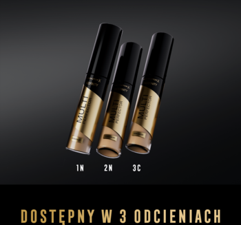 Trzy płynne korektory Max Factor Facefinity Multi-Perfector, odcienie 1N, 2N, 3C, na ciemnym tle.