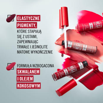 Rimmel Lasting Mega Matte, matowa pomadka w płynie. Widok buteleczek, swatche, opis elastycznych pigmentów i skwalanu.