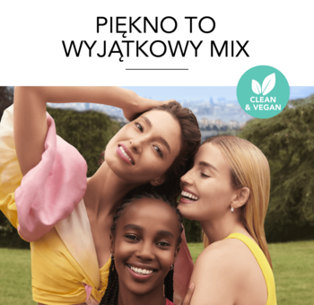 Trzy kobiety celebrujące różnorodne piękno z logo Clean & Vegan, reklama Bourjois Healthy Mix Clean.