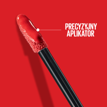 Maybelline Super Stay Vinyl Ink: zbliżenie na precyzyjny aplikator czerwonej, błyszczącej pomadki winylowej.