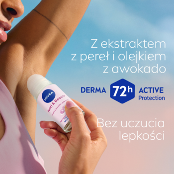 NIVEA Pearl & Beauty roll-on 72h ochrona, perły i awokado, w dłoni, bez lepkości.
