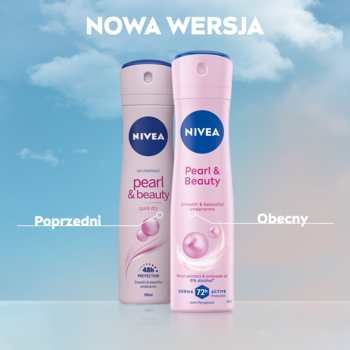 Dwie butelki antyperspirantu NIVEA Pearl & Beauty na tle nieba: poprzednia (jasnoróżowa) i nowa (różowa, 72h).