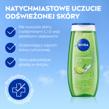 NIVEA żel pod prysznic Lemongrass & Oil, zielona butelka z olejkowymi perełkami, na tle niebieskiego nieba.