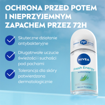 NIVEA Fresh Energy antyperspirant roll-on. Biała butelka z zielono-niebieską etykietą, cytrusowa świeżość, 72h.