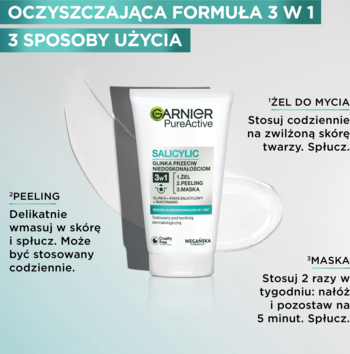 Garnier Czysta Skóra 3w1 Salicylic żel-peeling-maska w białej tubie, widok z przodu, do cery tłustej, z kwasem salicylowym.