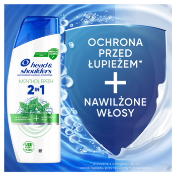 Szampon Head & Shoulders Menthol Fresh 2w1 w białej butelce, z miętą, widok z przodu, na tle tarczy z hasłami.