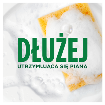 Fairy płyn do naczyń, żółta gąbka w gęstej białej pianie, zielony napis: DŁUŻEJ UTRZYMUJĄCA SIĘ PIANA.