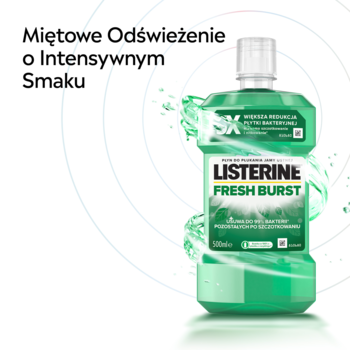 Zielony płyn do płukania Listerine Fresh Burst 500ml, butelka z białym korkiem na tle z zielonymi falami.