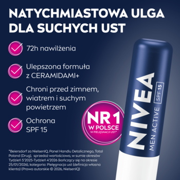 NIVEA MEN Active SPF 15, granatowa pomadka ochronna z ceramidami i listą korzyści: 72h nawilżenia.
