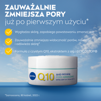 Biały krem NIVEA Q10 Anti-wrinkle Pore Minimizing SPF15, słoiczek, widok z przodu, na tle nieba.