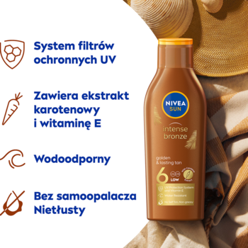NIVEA SUN Intense Bronze SPF 6, karotenowy balsam do opalania, brązowa butelka z filtrem UV, na beżowym tle z muszlami.
