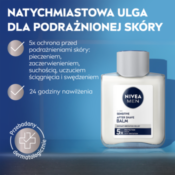 Łagodzący balsam po goleniu NIVEA MEN Sensitive, biała butelka, ulga dla podrażnionej skóry, 24h nawilżenia.