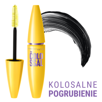 Żółty tusz Maybelline The Colossal do rzęs z wyjętą szczoteczką, obok czarny ślad tuszu i napis Kolosalne pogrubienie.