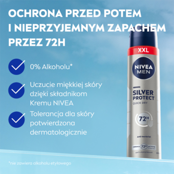 NIVEA MEN Silver Protect Quick Dry antyperspirant w sprayu, srebrna butelka XXL, 72h ochrony, 0% alkoholu.
