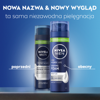 NIVEA MEN Pianka do golenia Hydrocare: porównanie starego ciemnego i nowego jasnoniebieskiego opakowania, zmiana wyglądu.