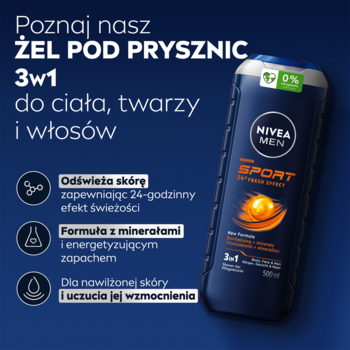 Żel pod prysznic NIVEA MEN SPORT 3w1 z minerałami i limonką, ciemnoniebieska butelka, widok pod kątem.