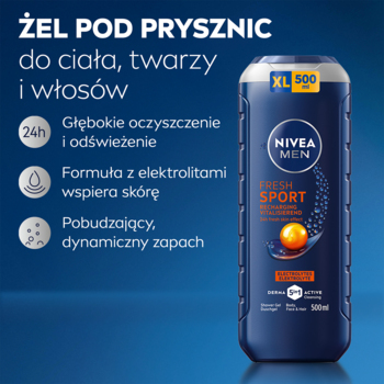 NIVEA MEN FRESH SPORT żel pod prysznic 3w1, ciemnoniebieska butelka 500ml z elektrolitami, widok z przodu.