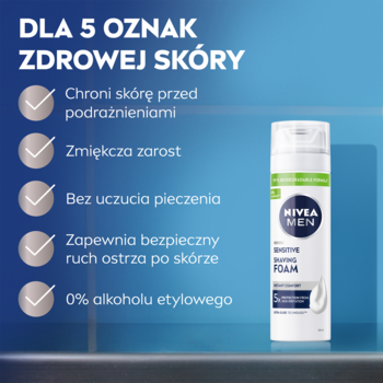 NIVEA MEN Sensitive pianka do golenia w białej butelce. Reklama z 5 zaletami: 0% alkoholu, chroni skórę.