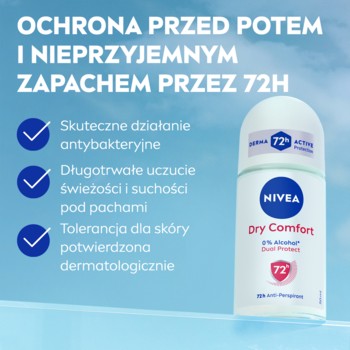Biały antyperspirant NIVEA Dry Comfort roll-on 72h ochrona, bez alkoholu, na błękitnym tle, widok z przodu.
