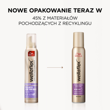 Wellaflex Fullness pianka do włosów w nowym, złotym opakowaniu (45% recyklingu) obok starego designu.