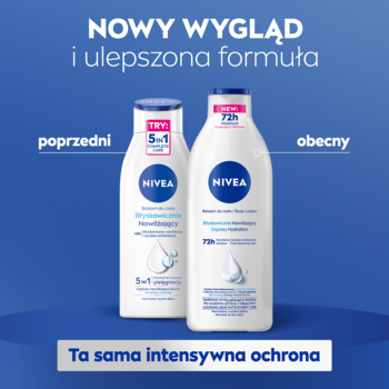 NIVEA Balsam do ciała: białe butelki starej i nowej formuły, widok obok siebie, z hasłem o 72h nawilżeniu.