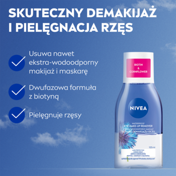 NIVEA Dwufazowy płyn do demakijażu oczu z biotyną i bławatkiem. Niebieska butelka, usuwa wodoodporny makijaż, pielęgnuje rzęsy.